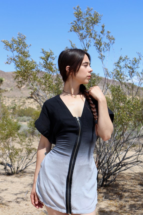 Black Grey Dip Dye Ombre Fade Boho Sexy Short Sleeve Zip Up Etsy