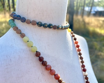108 Bead Boho Rainbow Beaded Chakra Stones Bodhi Seed Prayer Meditation Mala Necklace with Green Tassel