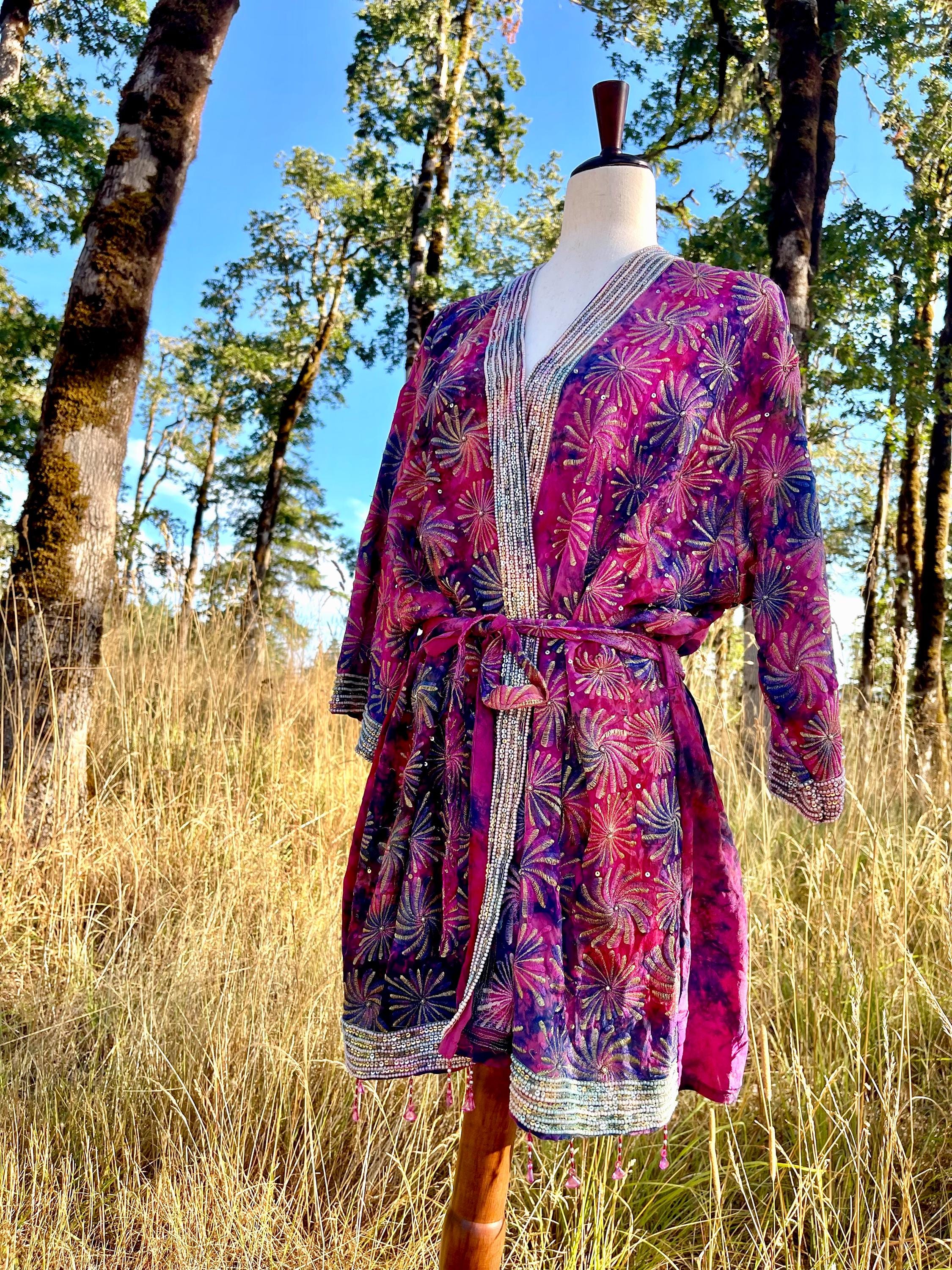 Recycled Pink and Purple Gold Embroidered Embellished Sequined Sari Silk Kimono Robe Jacket with Beaded Fringe Made in India