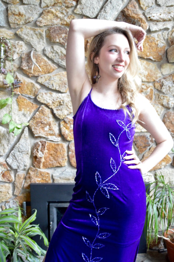 Vintage Late 90's Y2K Royal Purple Velvet Beaded … - image 1