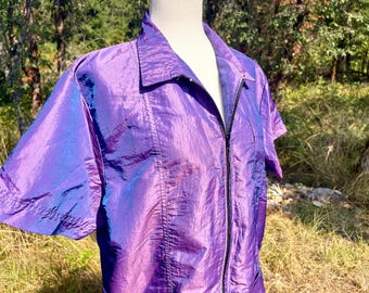 Prime Vintage 90’s Y2K Two Tone Purple Nylon Zip Up Utility Pocket Short Sleeve Club Wear Party Shirt