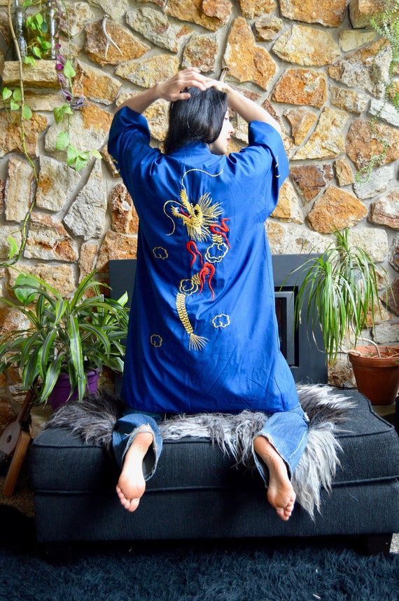 Vintage Japanese Gold Dragon Embroidered Blue Silk