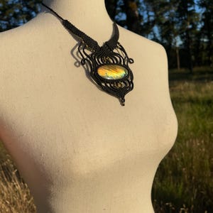 Huge Labradorite Pendant Black Cotton Macrame Hippie Festival Boho Choker Necklace