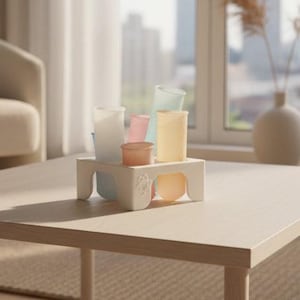 May include: A white rectangular stand with four legs holds five translucent cylindrical vessels in soft pastel shades of blue, pink, and yellow. The stand features a small embossed circular emblem on the front side, and the vessels are arranged upright within the frame.