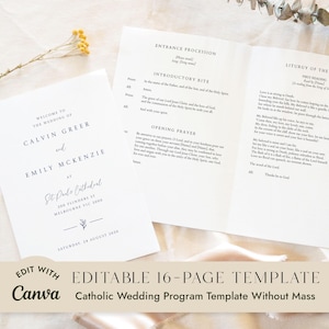May include: A white paper Catholic wedding program template featuring black serif and script typography. The front page displays the names Calvin Greer and Emily McKenzie, while the interior pages show the order of service and liturgy text.