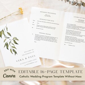 Botanisches 16-seitiges katholisches Hochzeitsprogramm ohne Messe (Canva-Vorlage)