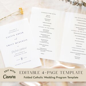 May include: A white four-page folded Catholic wedding program template with black serif and script text. The front cover displays the names Calvin Greer and Emily McKenzie at St. Paul's Cathedral. The interior lists the order of the wedding mass.