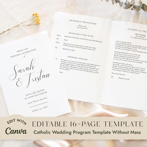 May include: A white paper Catholic wedding programme template with black text. The front cover reads Welcome to the WEDDING CELEBRATION of Sarah & Tristan, OUR LADY QUEEN OF APOSTLES PARISH, Perth, Western Australia, APRIL 16, 20YY. The interior pages show liturgy text.