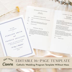 Könnte beinhalten: Eine weiße Hochzeitskarten-Vorlage mit dunkelblauen Randlinien und schwarzem Serifentext. Das Deckblatt zeigt die Namen Penelope Smith und Francis Sullivan, während die geöffneten Innenseiten den Ablauf der Zeremonie und Lesungen zeigen.