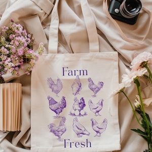 Vintage Chicken Illustration Tote Bag: Farmhouse Style Cotton Market Bag