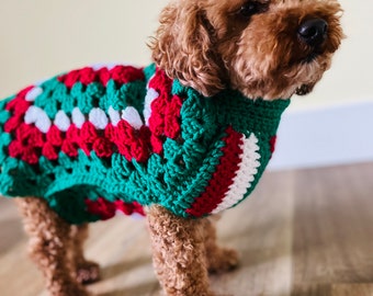 Christmas Crochet Dog Sweater, Red and Green Dog Sweater, Crochet Dog Jumper, Granny Square Dog Sweater, Ugly Christmas Sweater, Holidays