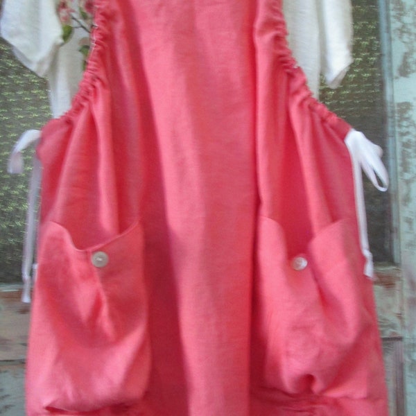 Market Jumper in Coral Pink Linen with Big Pockets, Lagenlook, Smock, Pinafore, Apron