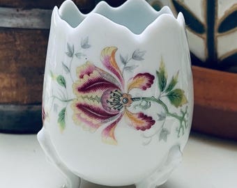 Limoges France Porcelain Cracked Egg Cup, Three Feet, Floral, Cottagecore
