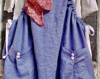 Market Jumper in Wisteria Blue Linen with Big Pockets, Lagenlook, Apron, Cottagecore
