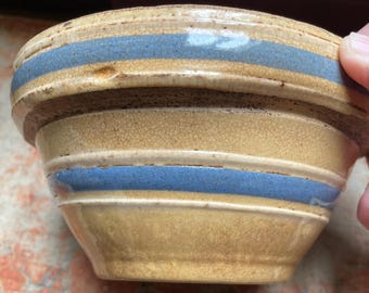 Vintage Yellow Ware (Stoneware) Blue Stripe Mixing Bowl, Rustic Primitive Farmhouse, 5 1/4"