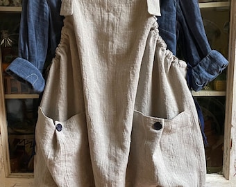 Market Jumper in Heavy Rustic Natural Linen, Big Pockets,  Lagenlook, Apron, Pinafore