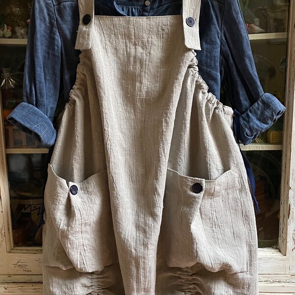 Market Jumper in Heavy Rustic Natural Linen, Big Pockets,  Lagenlook, Apron, Pinafore