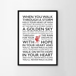 You&#39;ll Never Walk Alone Lyrics Print Framed Poster Liverpool Home Wall Decor Liver Bird Handmade Red White Word Art Typography