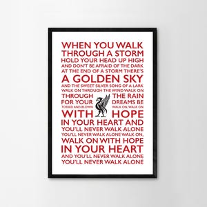 You&#39;ll Never Walk Alone Lyrics Print Framed Poster Liverpool Home Wall Decor Liver Bird Handmade Red White Word Art Typography LFC