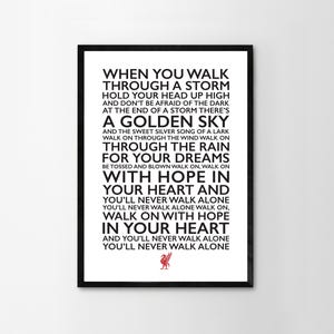 You&#39;ll Never Walk Alone Lyrics Print Framed Poster Liverpool Home Wall Decor LFC Liver Bird Handmade Red White Word Art Typography