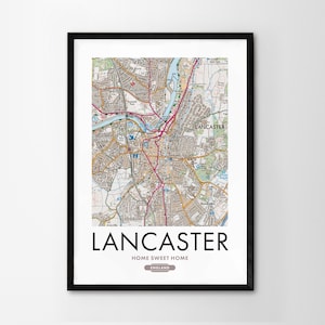 Utilice cualquier código postal del Reino Unido Mapa personalizado del Reino Unido Impresión personalizada Mapas del sistema operativo Regalo de inauguración de la casa Arte enmarcado Mapa detallado de pared Lancaster