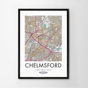 Utilice cualquier código postal del Reino Unido Mapa personalizado del Reino Unido Impresión personalizada Mapas del sistema operativo Regalo de inauguración de la casa Arte enmarcado Mapa detallado de pared Chelmsford