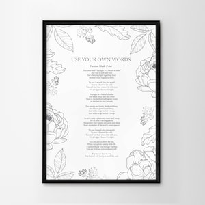 Stampa di poesie personalizzate Usa le tue parole Regalo d'arte per anniversario personalizzato Incorniciatura Decorazione murale floreale Carta commemorativa per matrimonio fatta a mano