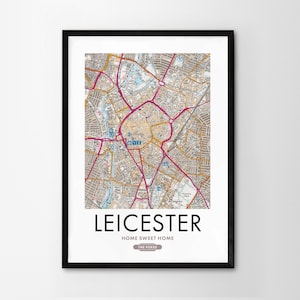 Utilice cualquier código postal del Reino Unido Mapa personalizado del Reino Unido Impresión personalizada Mapas del sistema operativo Regalo de inauguración de la casa Arte enmarcado Mapa detallado de pared Leicester