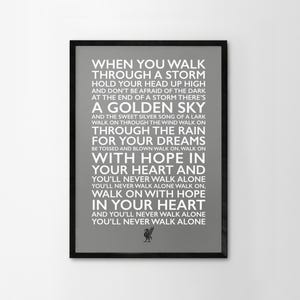 You&#39;ll Never Walk Alone Lyrics Print Framed Poster Liverpool Home Wall Decor LFC Liver Bird Handmade Red White Word Art Typography