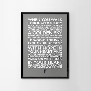 You&#39;ll Never Walk Alone Lyrics Digital File Poster Liverpool Home Wall Decor LFC Liver Bird Handmade Red White Typography Grey White