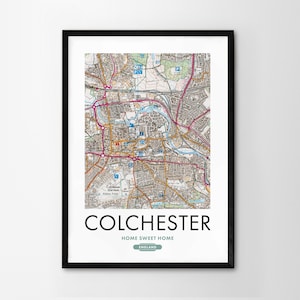 Utilice cualquier código postal del Reino Unido Mapa personalizado del Reino Unido Impresión personalizada Mapas del sistema operativo Regalo de inauguración de la casa Arte enmarcado Mapa detallado de pared Colchester