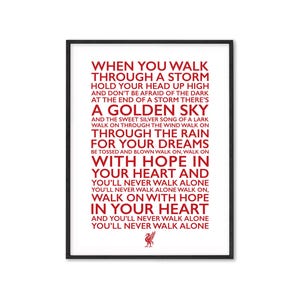 You&#39;ll Never Walk Alone Lyrics Framed Poster Print Liverpool Home Wall Decor LFC Liver Bird Handmade Red White Typography