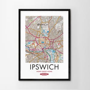 Utilice cualquier código postal del Reino Unido Mapa personalizado del Reino Unido Impresión personalizada Mapas del sistema operativo Regalo de inauguración de la casa para propietarios Arte enmarcado Mapa detallado de pared Ipswich