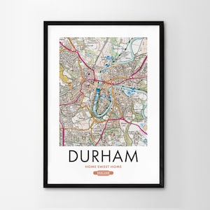 Utilice cualquier código postal del Reino Unido Mapa personalizado del Reino Unido Impresión personalizada Mapas del sistema operativo Regalo de inauguración de la casa para propietarios Arte enmarcado Mapa detallado de pared Durham
