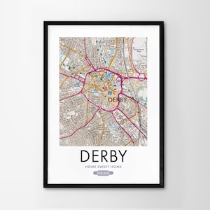 Utilice cualquier código postal del Reino Unido Mapa personalizado del Reino Unido Impresión personalizada Mapas del sistema operativo Regalo de inauguración de la casa Arte enmarcado Mapa detallado de pared Derby