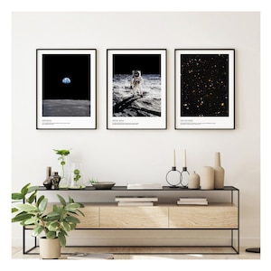 Set Of Three Iconic Space unframed Prints, Moonwalk earthrise universe posters of prints Apollo Nasa Contemporary Design Framing Available