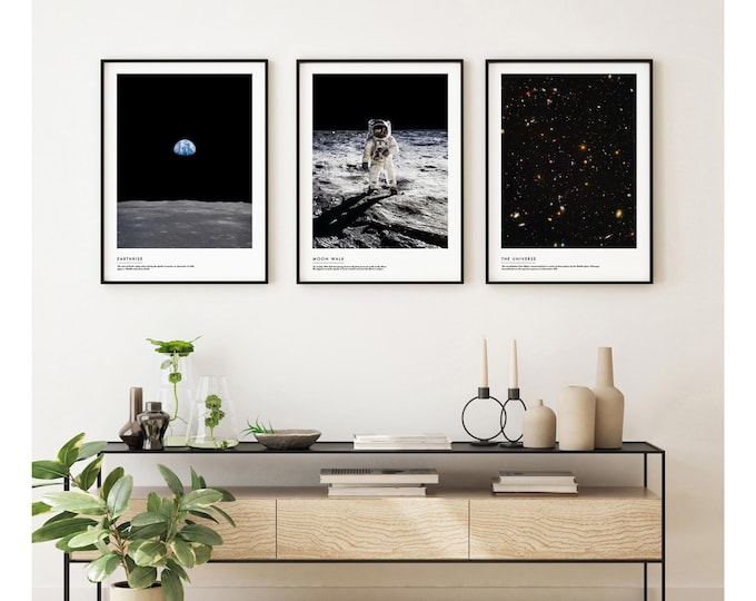 Set Of Three Iconic Space unframed Prints, Moonwalk earthrise universe posters of prints Apollo Nasa Contemporary Design Framing Available