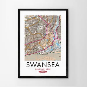 Utilice cualquier código postal del Reino Unido Mapa personalizado del Reino Unido Impresión personalizada Mapas del sistema operativo Regalo de inauguración de la casa Arte enmarcado Mapa detallado de pared Swansea