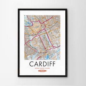 Utilice cualquier código postal del Reino Unido Mapa personalizado del Reino Unido Impresión personalizada Mapas del sistema operativo Regalo de inauguración de la casa Arte enmarcado Mapa detallado de pared Cardiff