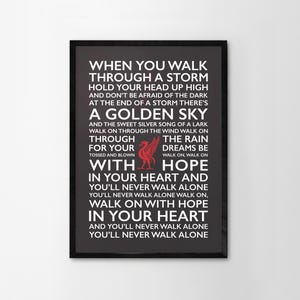You&#39;ll Never Walk Alone Lyrics Print Framed Poster Liverpool Home Wall Decor LFC Liver Bird Handmade Red White Word Art Typography