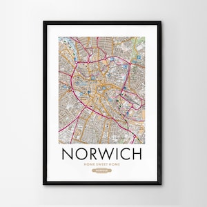 Utilice cualquier código postal del Reino Unido Mapa personalizado del Reino Unido Impresión personalizada Mapas del sistema operativo Regalo de inauguración de la casa Arte enmarcado Mapa detallado de pared Norwich
