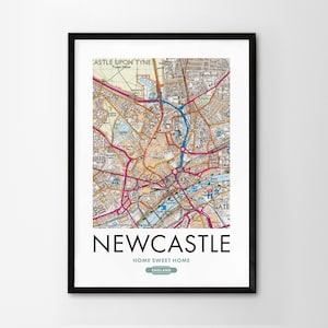 Utilice cualquier código postal del Reino Unido Mapa personalizado del Reino Unido Impresión personalizada Mapas del sistema operativo Regalo de inauguración de la casa Arte enmarcado Mapa detallado de pared Newcastle