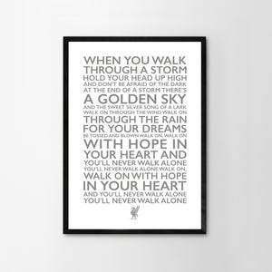 You&#39;ll Never Walk Alone Lyrics Print Framed Poster Liverpool Home Wall Decor LFC Liver Bird Handmade Red White Word Art Typography