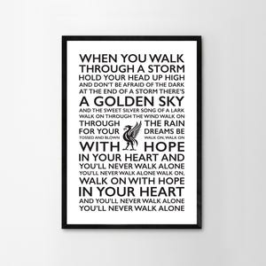 You&#39;ll Never Walk Alone Lyrics Print Framed Poster Liverpool Home Wall Decor LFC Liver Bird Handmade Red White Word Art Typography