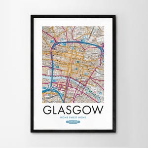 Utilice cualquier código postal del Reino Unido Mapa personalizado del Reino Unido Impresión personalizada Mapas del sistema operativo Regalo de inauguración de la casa para propietarios Arte enmarcado Decoración de pared Mapa detallado de Glasgow