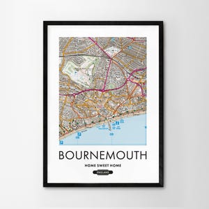 Utilice cualquier código postal del Reino Unido Mapa personalizado del Reino Unido Impresión personalizada Mapas del sistema operativo Regalo de inauguración de la casa Arte enmarcado Mapa detallado de pared Bournemouth