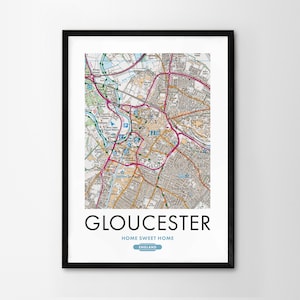Utilice cualquier código postal del Reino Unido Mapa personalizado del Reino Unido Impresión personalizada Mapas del sistema operativo Regalo de inauguración de la casa Arte enmarcado Mapa detallado de pared Gloucester