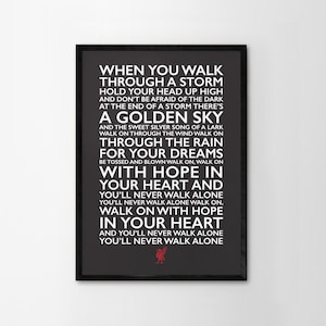 You&#39;ll Never Walk Alone Lyrics Print Framed Poster Liverpool Home Wall Decor LFC Liver Bird Handmade Red White Word Art Typography