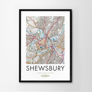Utilice cualquier código postal del Reino Unido Mapa personalizado del Reino Unido Impresión personalizada Mapas del sistema operativo Regalo de inauguración de la casa Arte enmarcado Mapa detallado de pared Shrewsbury