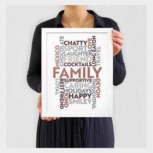Op maat gemaakte gepersonaliseerde WordArt Print inlijsting cadeau Thuis Familie vriend Verjaardag Word Cloud 21 woorden kleurrijke inlijsting A4 A3 A2